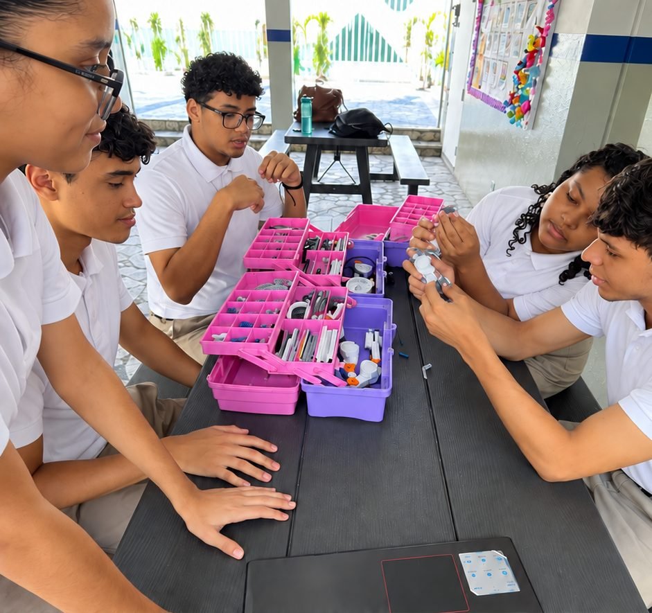 Estudiantes trabajando en equipo con kits de robótica
